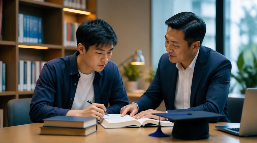 Vietnamese student receiving academic mentoring in a library