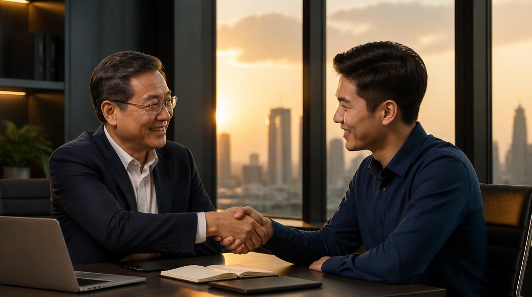 Senior mentor shaking hands with a young Vietnamese professional